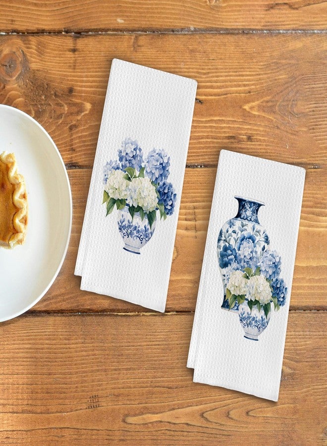 Qpenm Blue and White Porcelain Chinoiserie Kitchen Towels Set of 2, Hydrangea Floral Dish Towels Tea Towels for Kitchen, Chinoiserie Decor Hand Towels for Bathroom, Grand Millenial Decor 16x24 Inch - Image 3